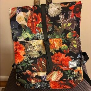Herschel Supply Company Black Floral Backpack with Red and Green Accents